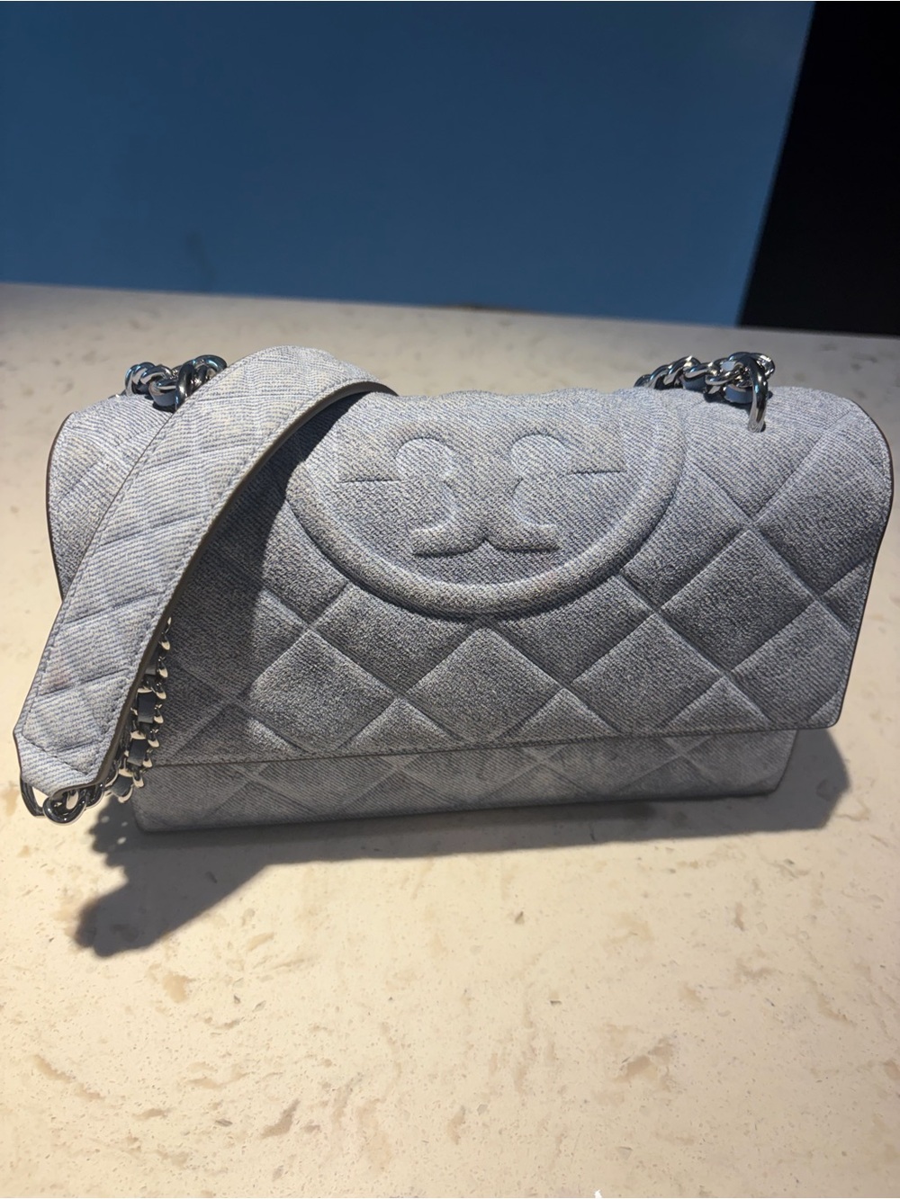 Tory Burch Quilted Pale Blue Chain Shoulder Bag